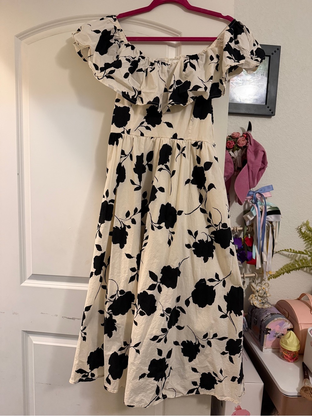 bohme Cream and Black Floral Off-Shoulder Midi Dress
